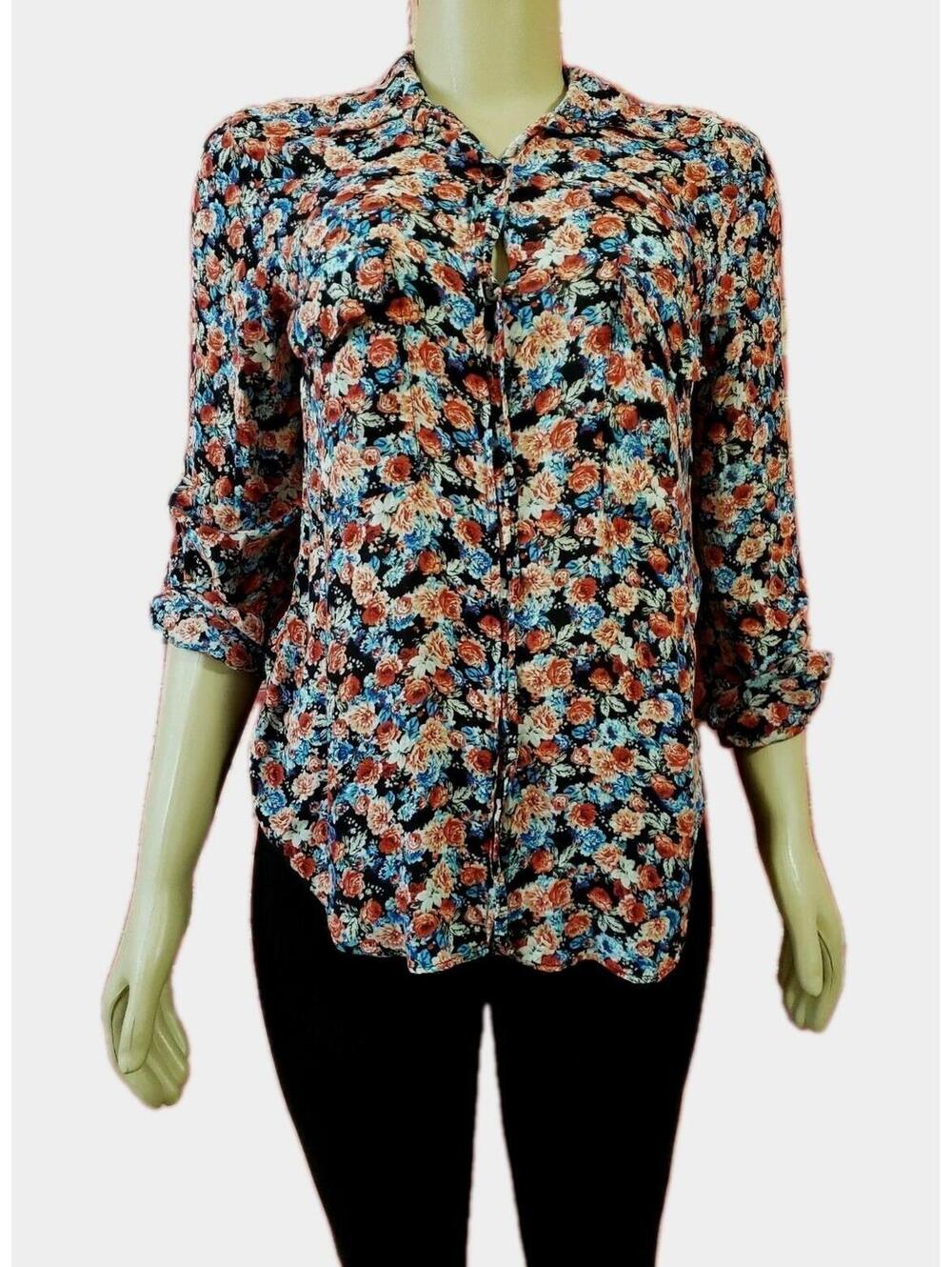 Zara Women's Top Size S Blouse Roll-tab Sleeve Boho Floral Black Multicolored